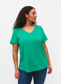 Short sleeve t-shirt with v-neckline, Simply Green, Model