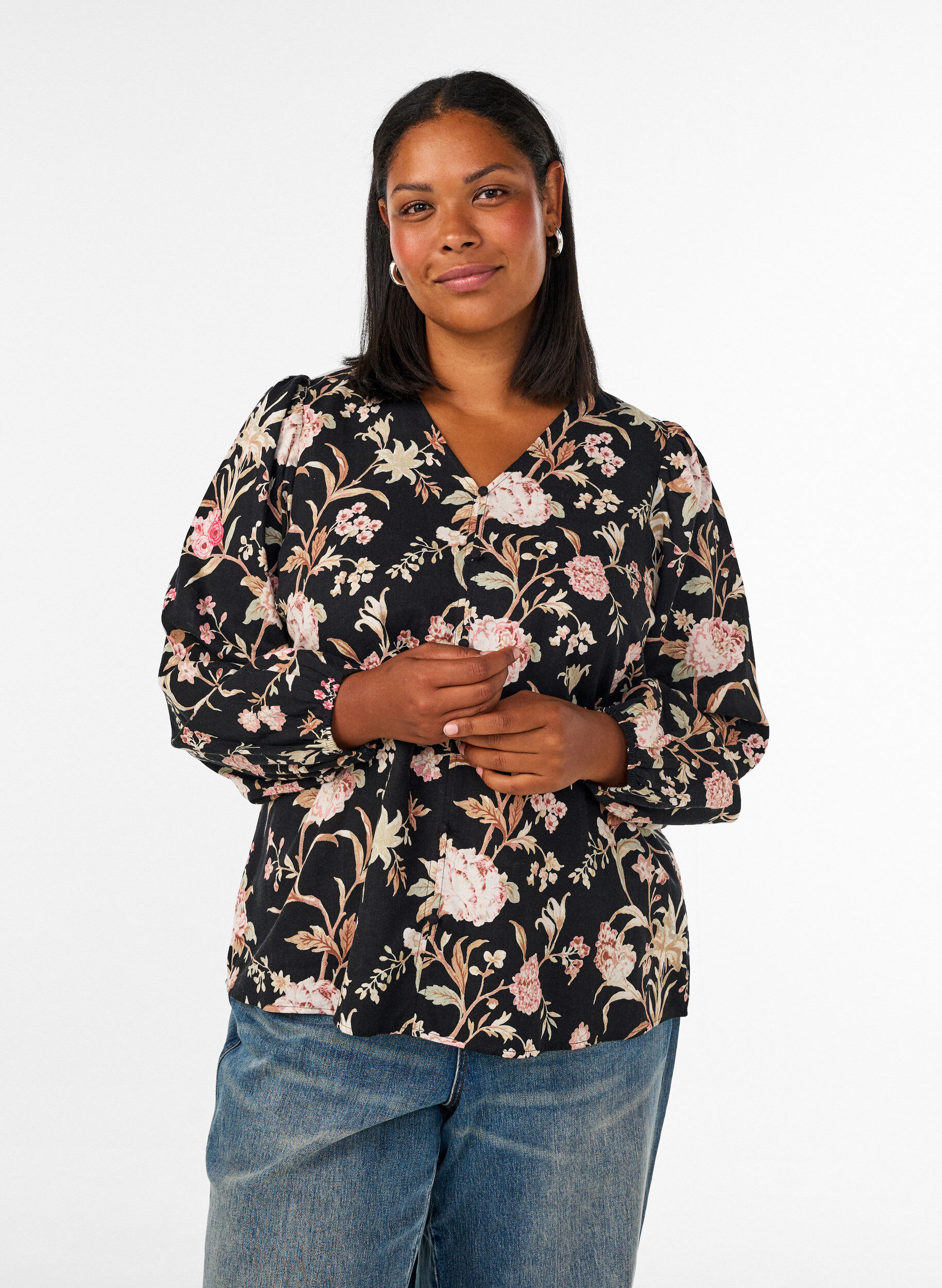 ZizzifashionFloral blouse in linen and viscose with long sleeves, Black, Model image number 0