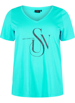 Cotton t-shirt with print, Turquoise SUN, Packshot image number 0
