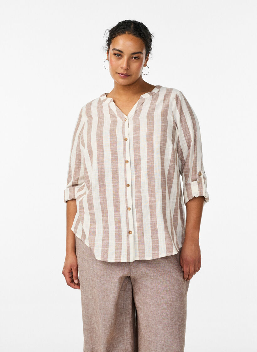 Cotton shirt blouse with V-neck, Beige, Model image number 0