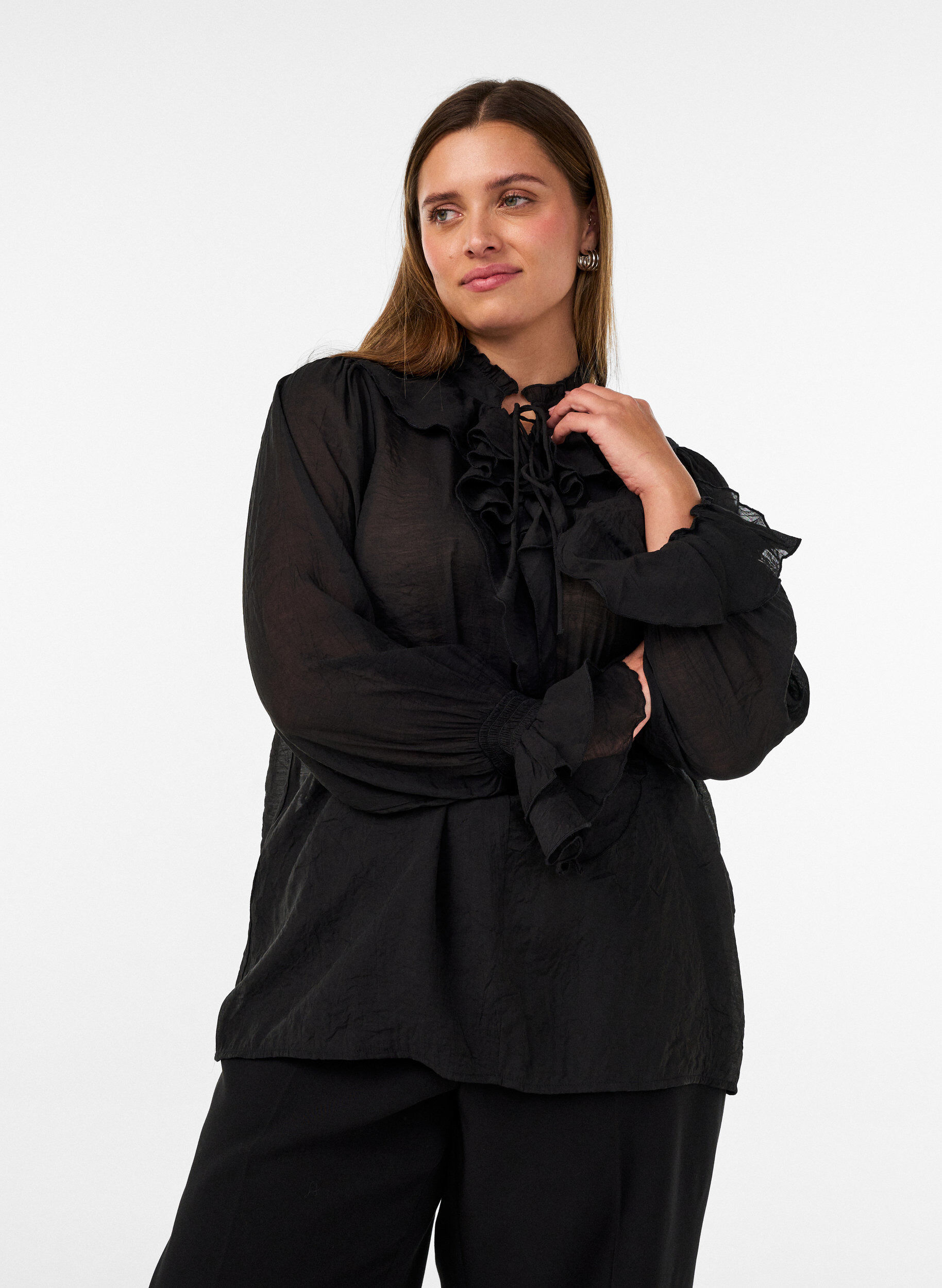 ZizzifashionViscose blouse with ruffles and long sleeves, Black, Model image number 0