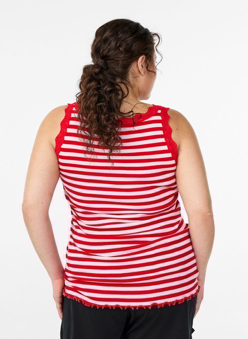 Striped top with a ribbed texture and a lace trim, Pink, Model image number 2