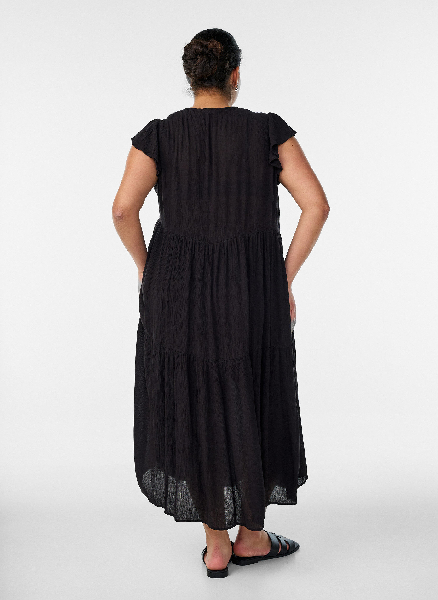 ZizzifashionMidi dress in viscose with ruffle sleeves, Black, Model image number 1