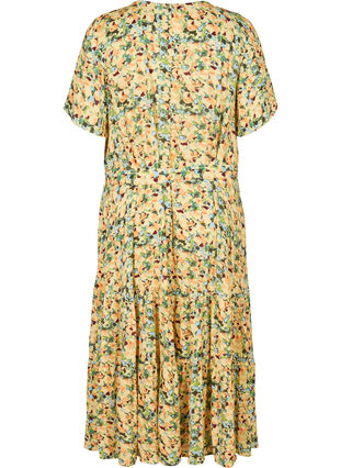 Short-sleeved midi dress in viscose, Yellow Summer AOP, Packshot image number 1