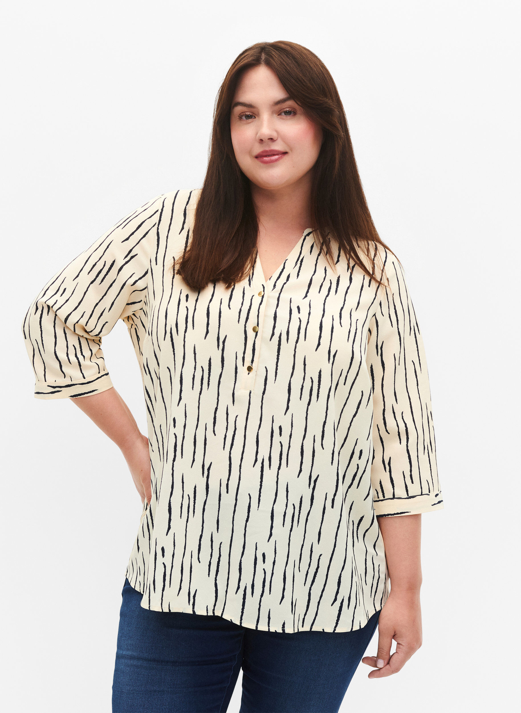 Zizzifashion Blouse with 3/4 sleeves and print, Off White Stripe, Model image number 0