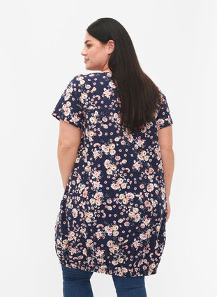 Short-sleeved, printed cotton dress, Blue Rose Flower, Model image number 1