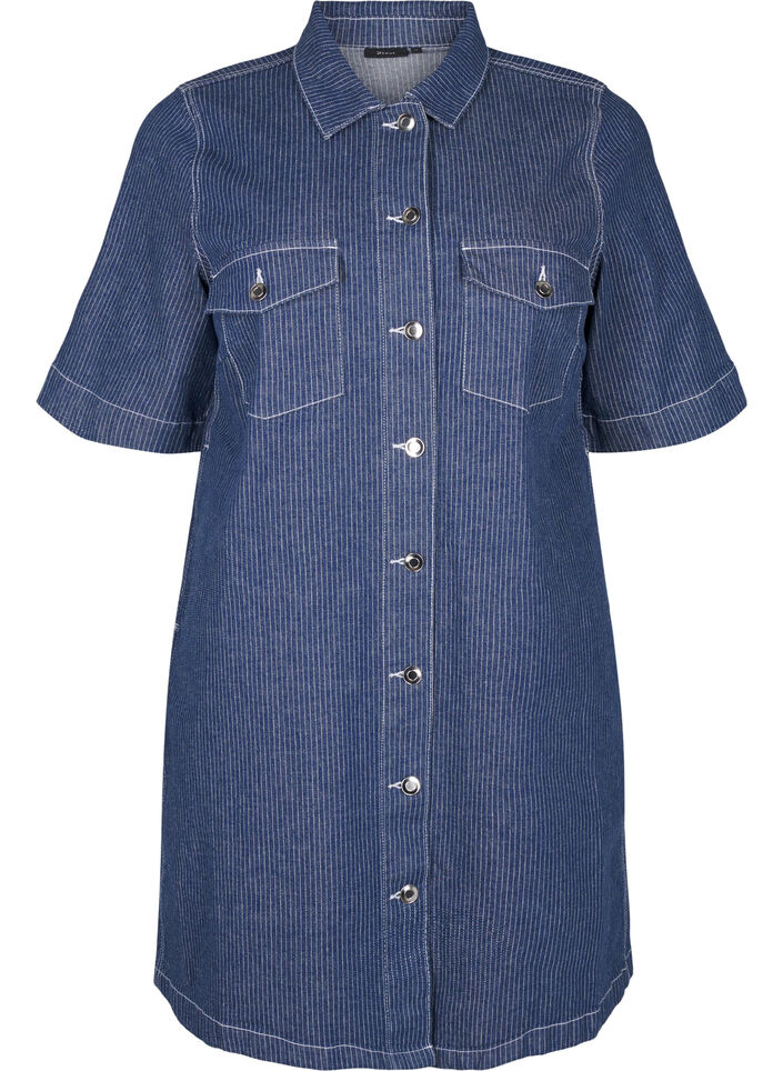 Pinstripe denim dress with chest pockets, Blue Denim Stripe, Packshot image number 0