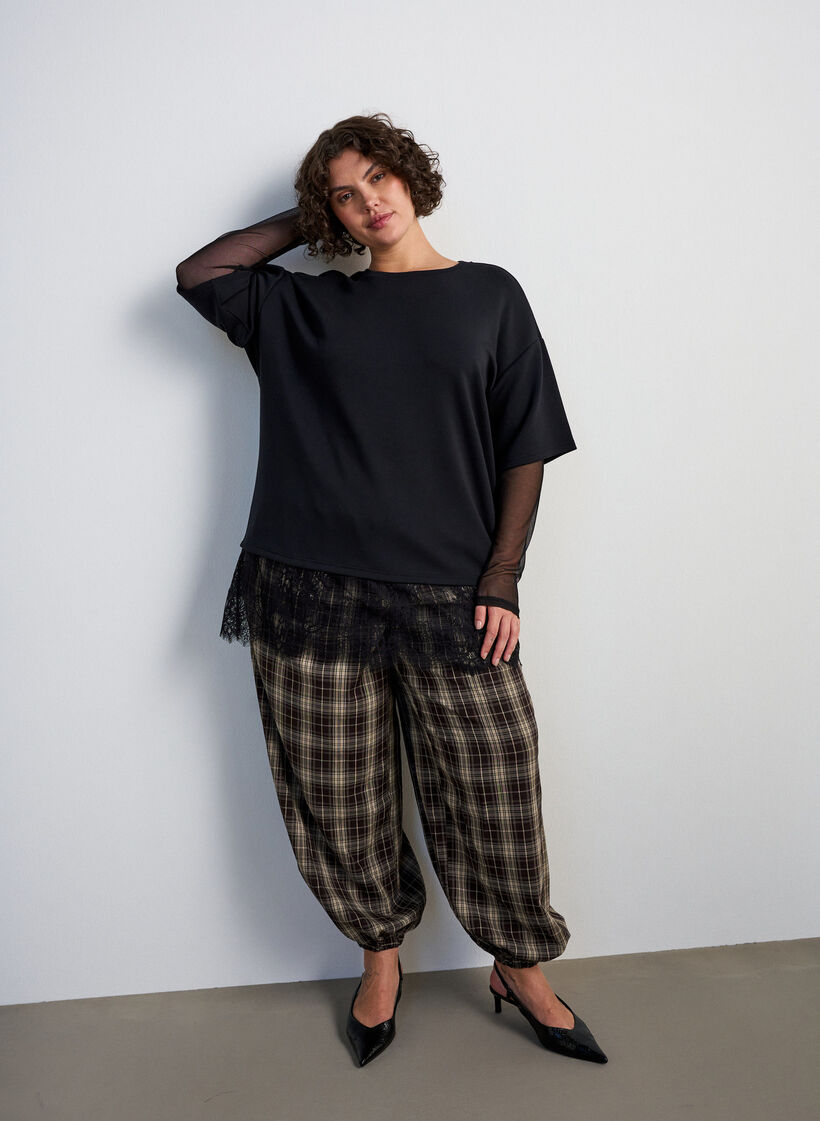 Blouse with mesh sleeves and lace trim, Black, Model image number 1