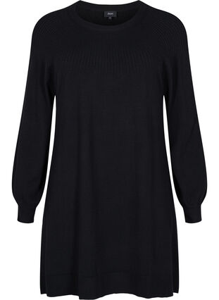 Knitted dress with balloon sleeves, Black Solid, Packshot image number 0