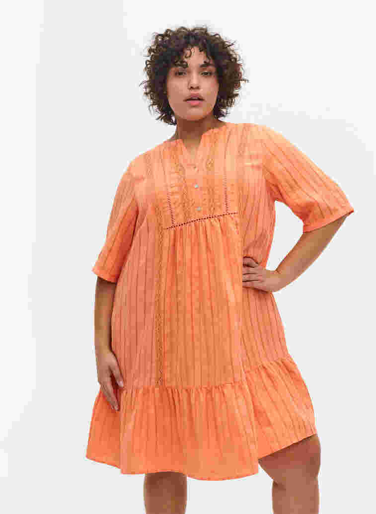 Striped viscose dress with lace ribbons, Nectarine, Model