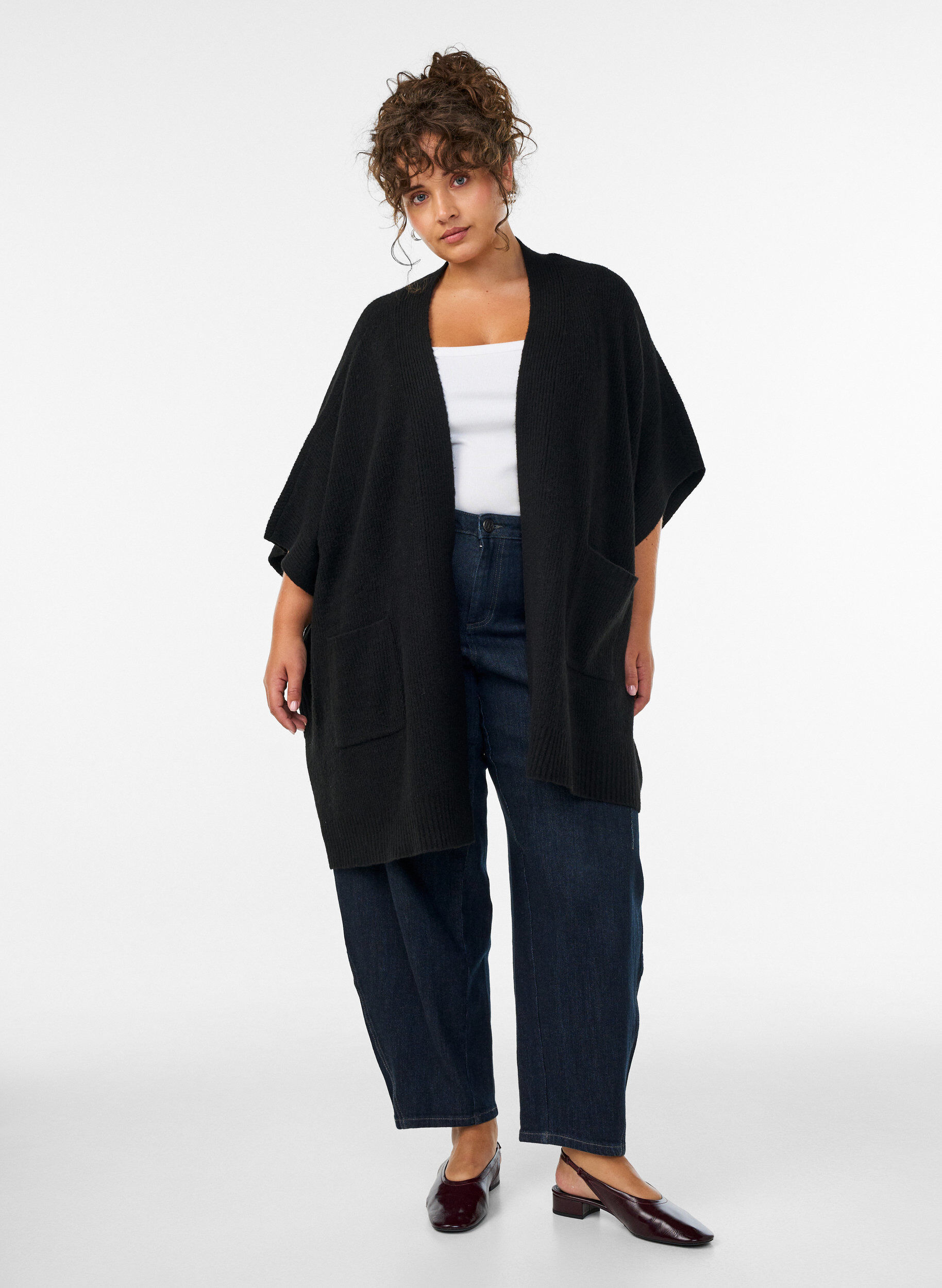 ZizzifashionCardigan with open front and wide sleeves, Black, Model image number 1