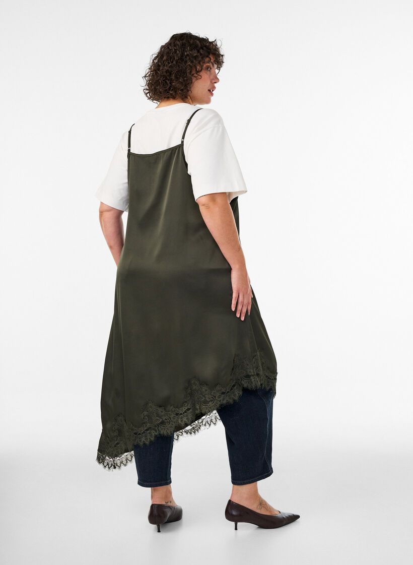Satin dress with lace and an asymmetrical hem, Green, Model image number 2