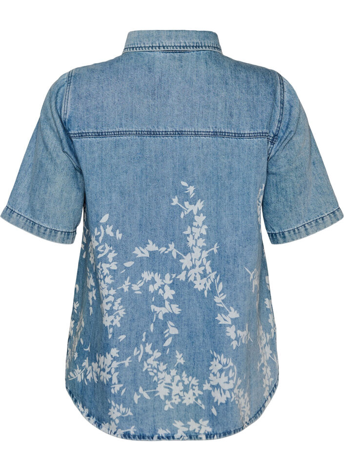 Denim shirt with floral print and short sleeves, Light Blue, Packshot image number 1