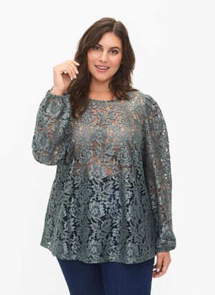 FLASH - Long sleeve lace blouse, Balsam Green, Model image number 0