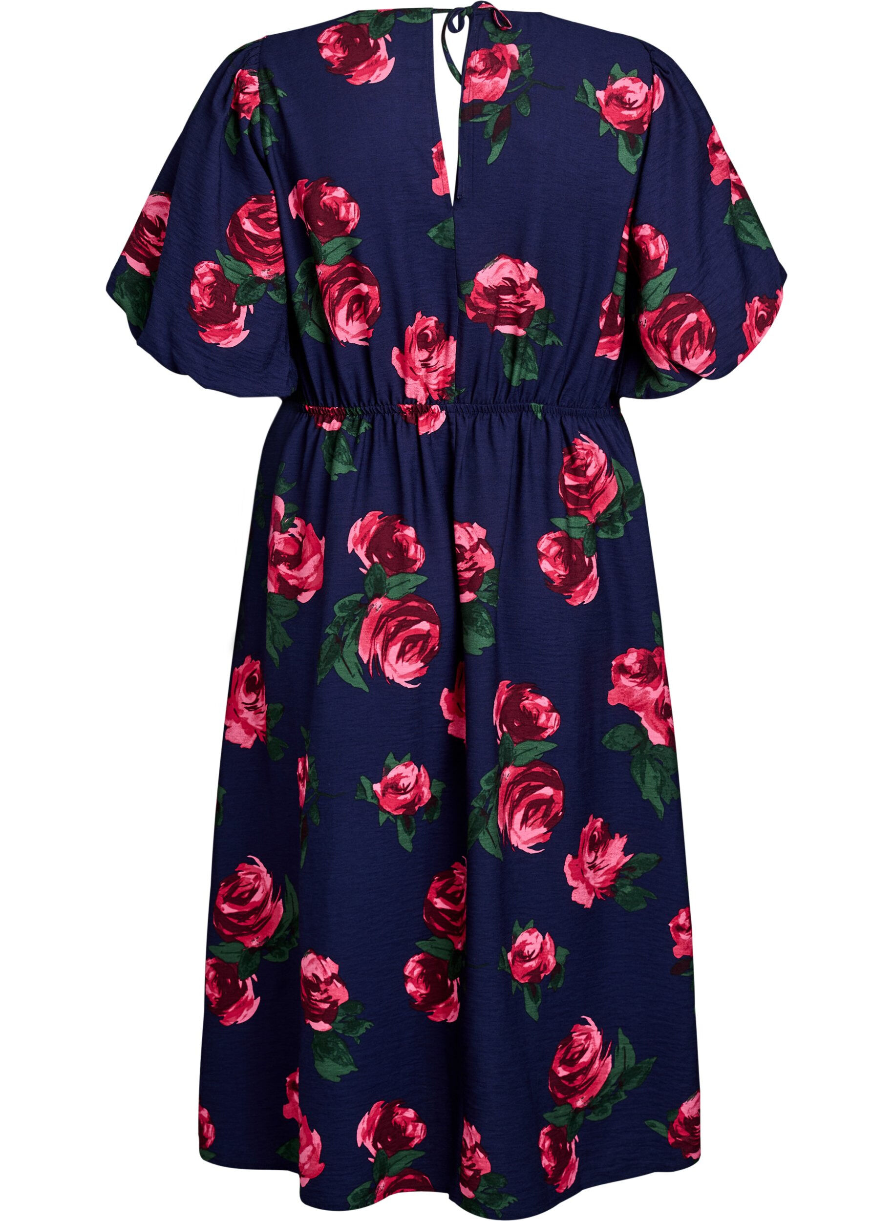 ZizzifashionMidi dress with rose print and short balloon sleeves, Blue, Packshot image number 1