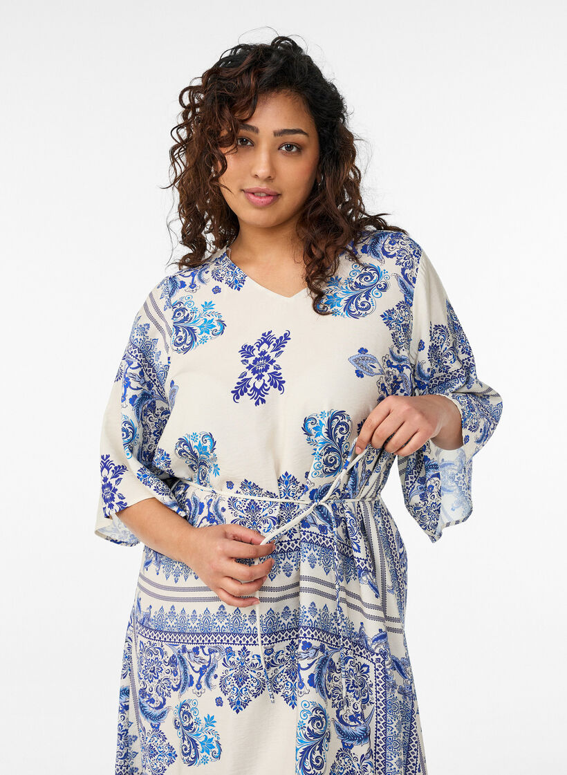 Patterned midi dress in viscose with tie belt, Blue, Model image number 2