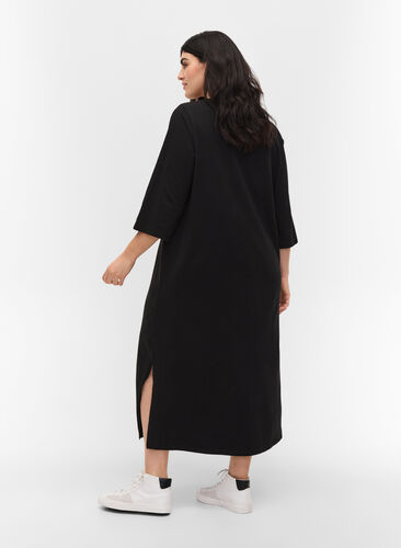 Cotton midi dress with slits, Black, Model image number 1