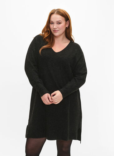 Knitted dress with slit, Dark Grey Melange, Model image number 0