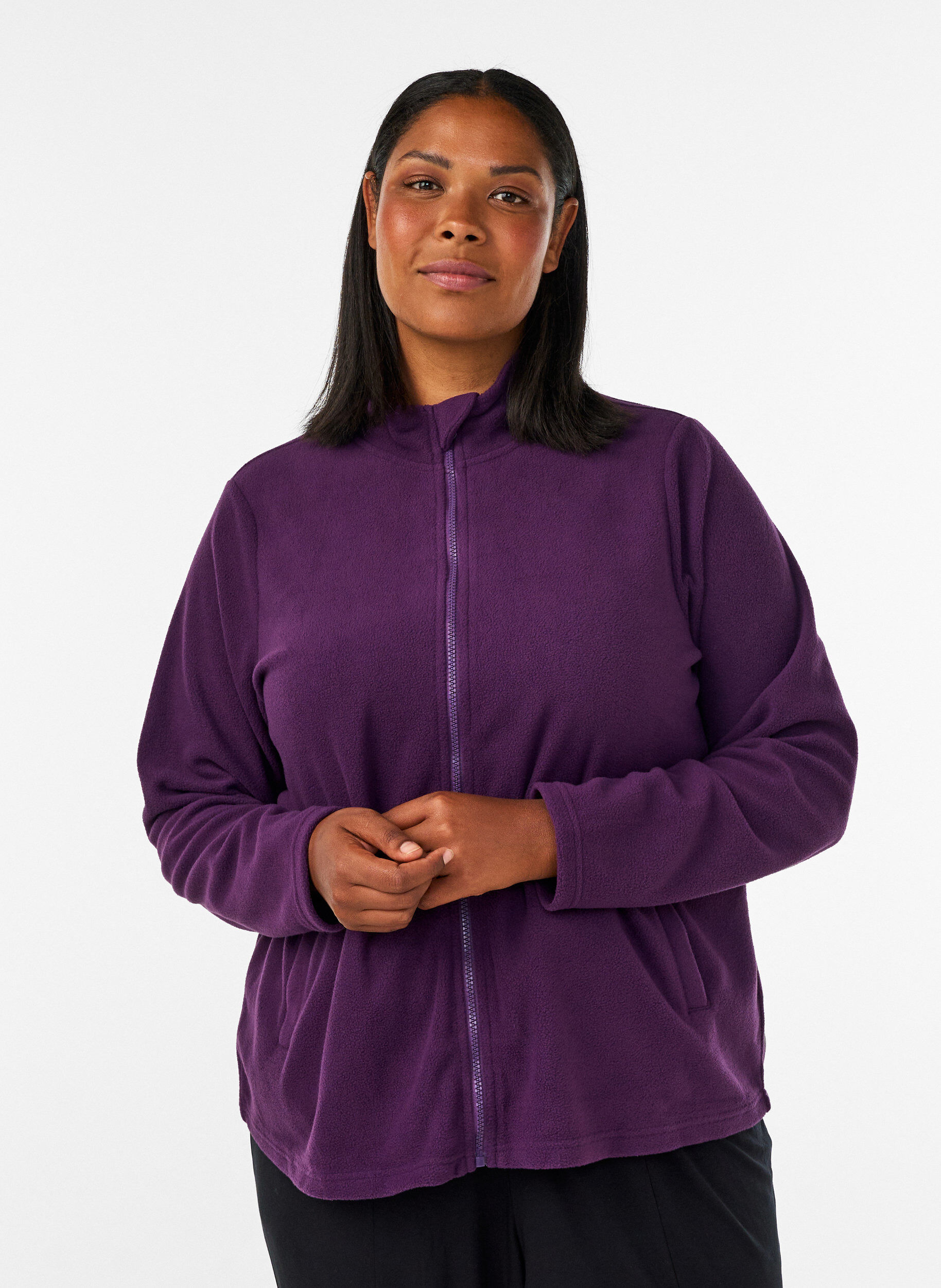Fleece top with zipper and high collar, Purple, Model