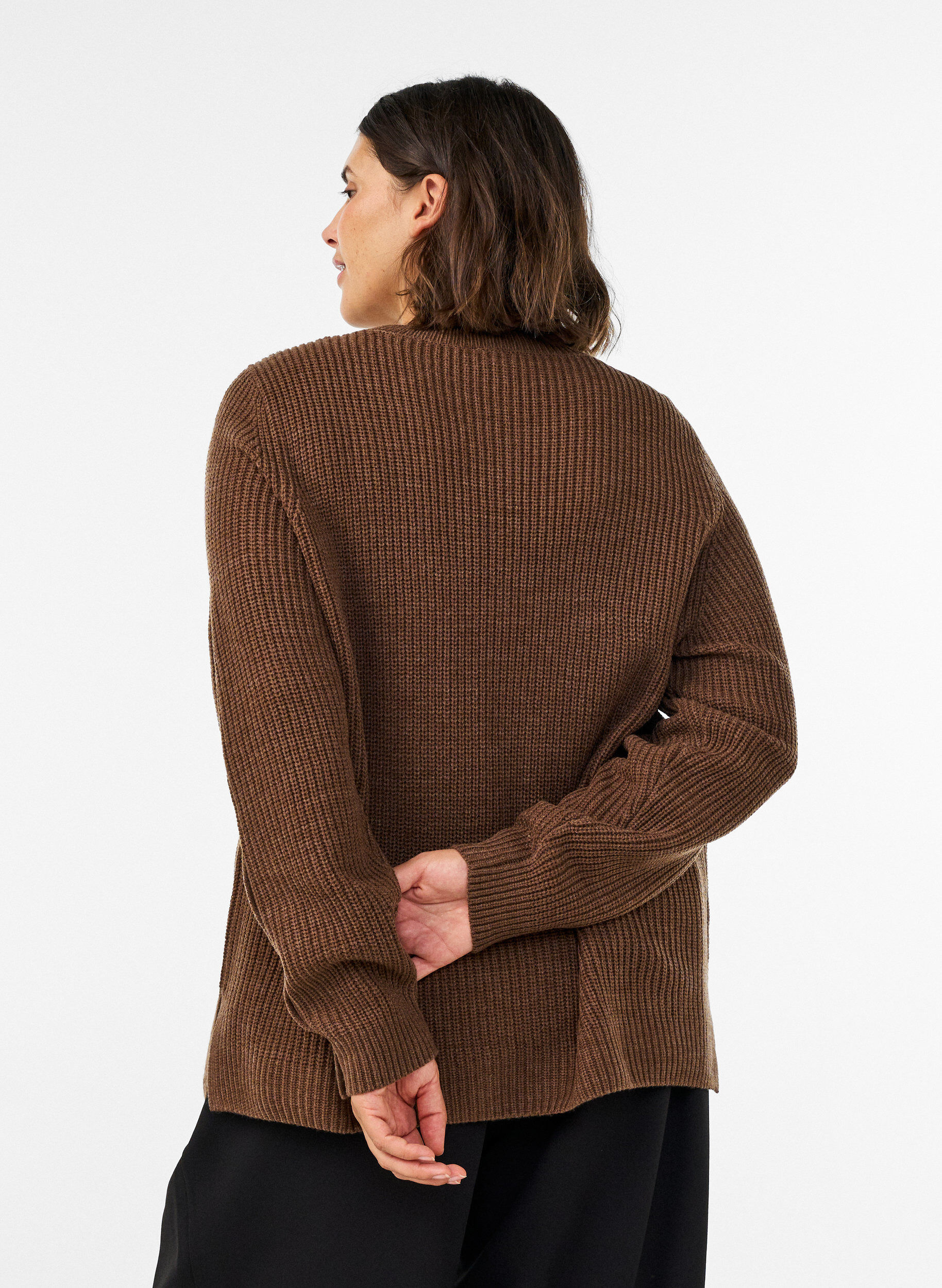 ZizzifashionKnitted blouse with ribbed texture and button details, Brown, Model image number 2