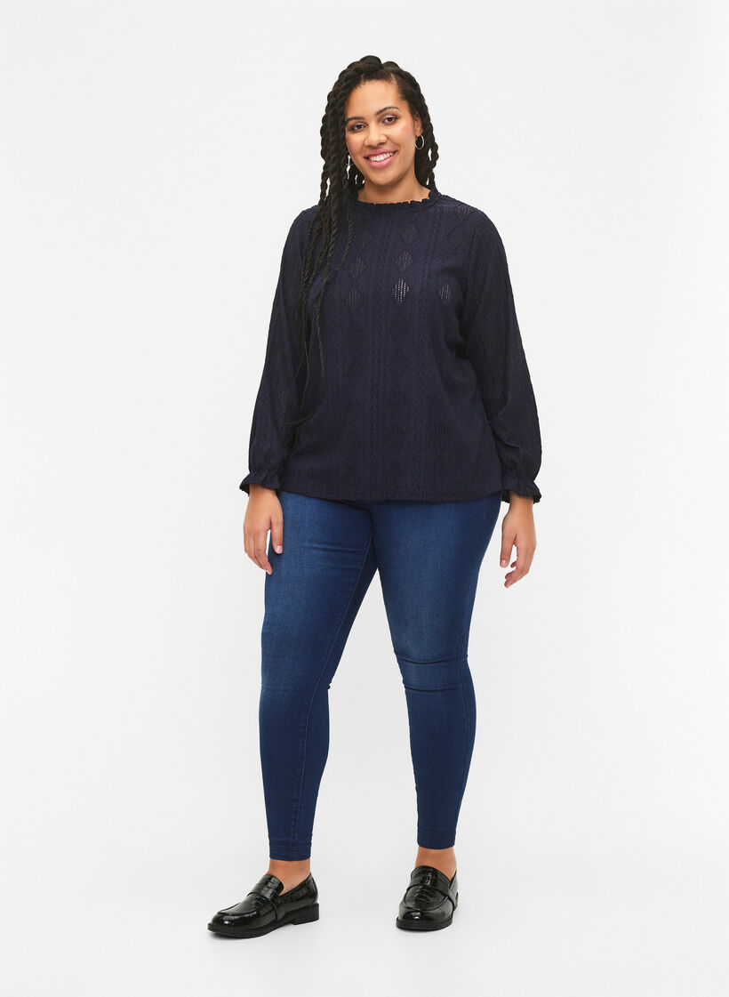 Blouse with ruffle details and tone-on-tone pattern, Night Sky, Model image number 2