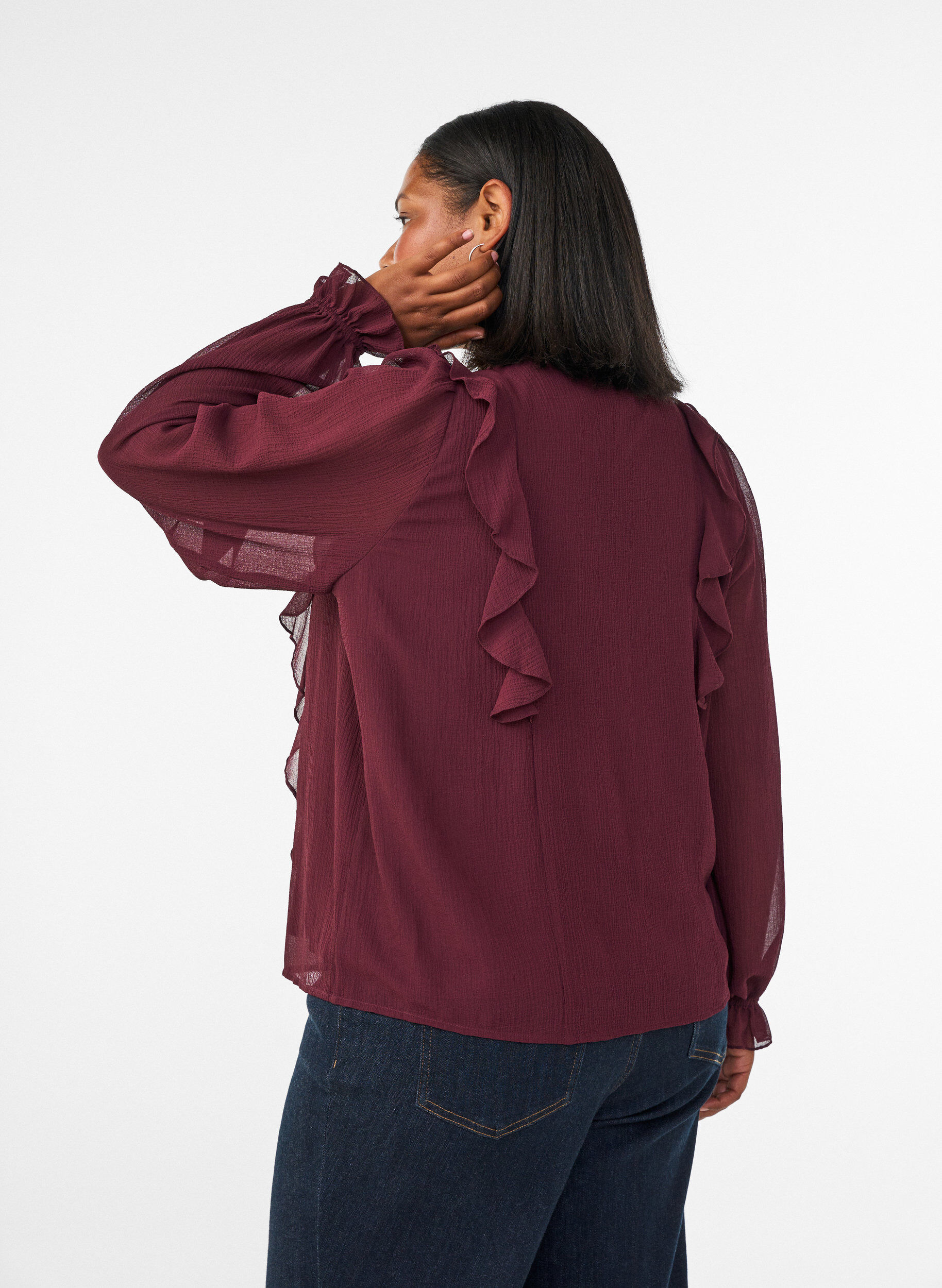 ZizzifashionSheer blouse with ruffles and tie-fastening, Red, Model image number 2