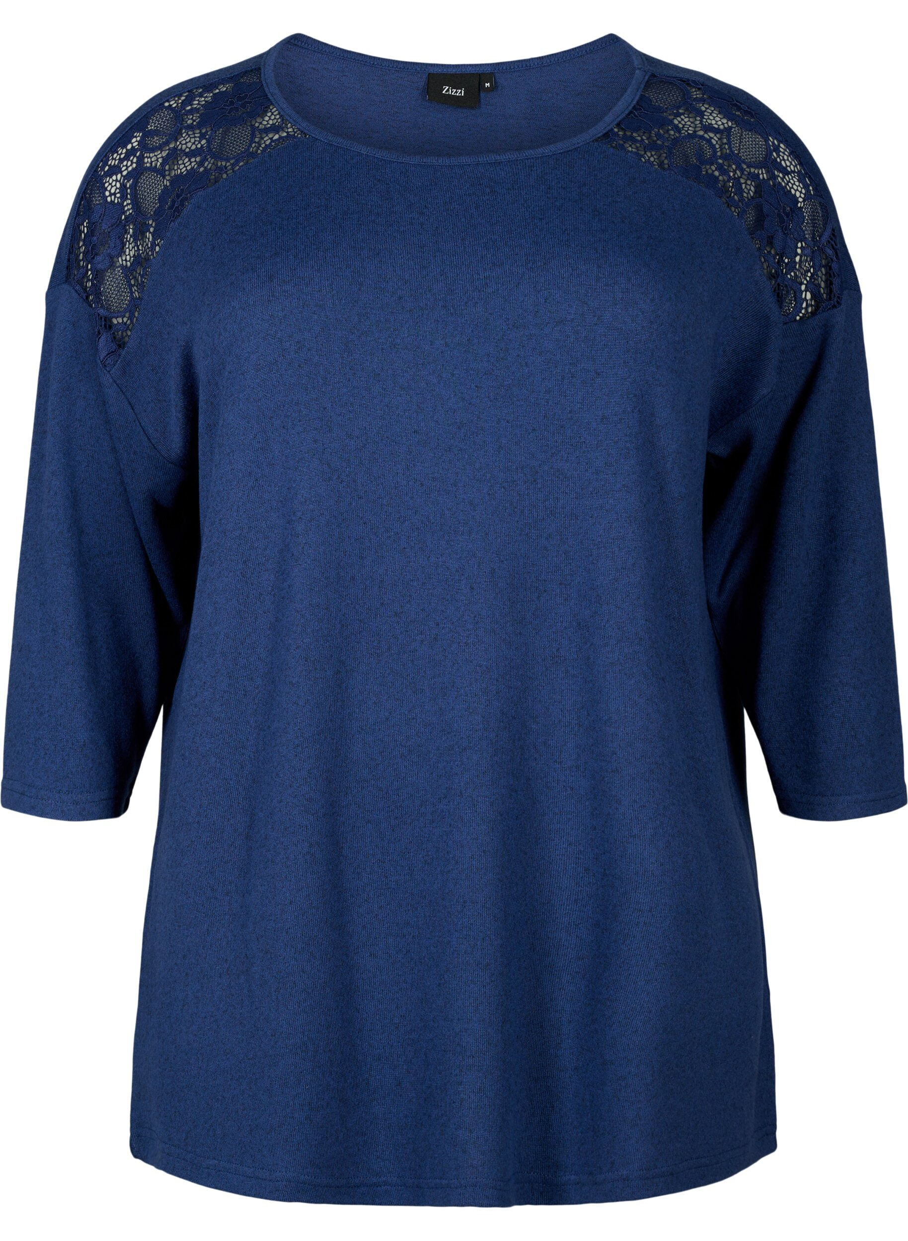 Zizzifashion Blouse with 3/4 sleeves and lace detail, Medieval Blue Mel., Packshot image number 0