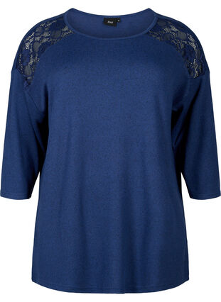 Blouse with 3/4 sleeves and lace detail, Medieval Blue Mel., Packshot image number 0