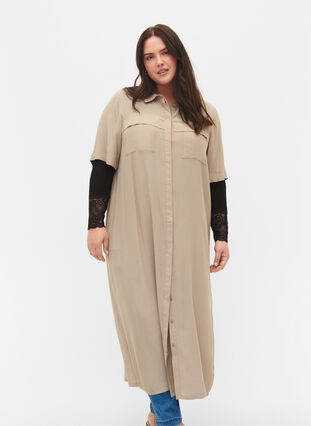 Short-sleeved shirt dress in viscose, Laurel Oak, Model image number 0