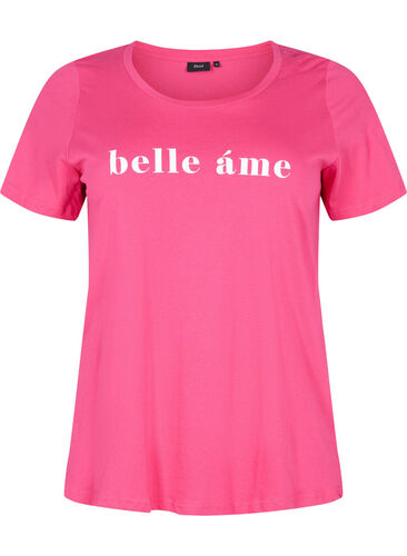 Short sleeve cotton t-shirt with text print, Fandango Pink, Packshot image number 0
