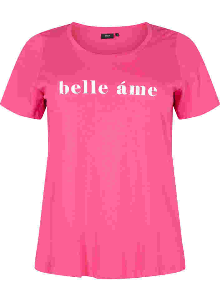 Short sleeve cotton t-shirt with text print, Fandango Pink, Packshot