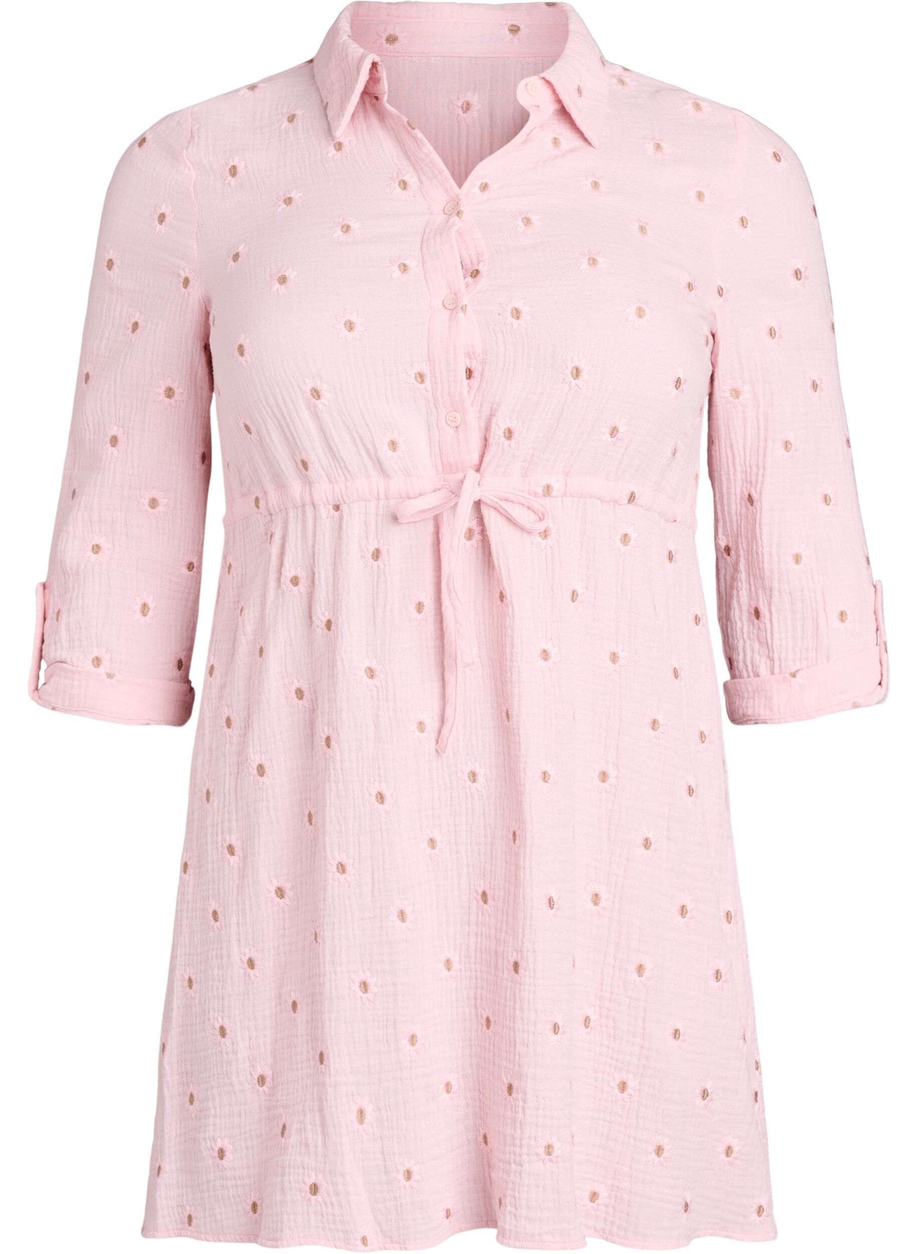 Shirt dress in cotton muslin with embroidered motifs