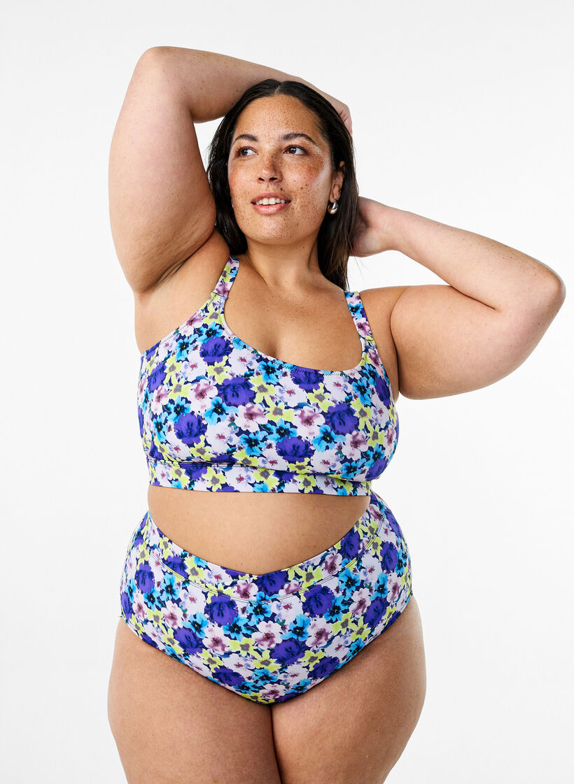 High-waisted floral bikini bottoms, Purple, Model image number 0