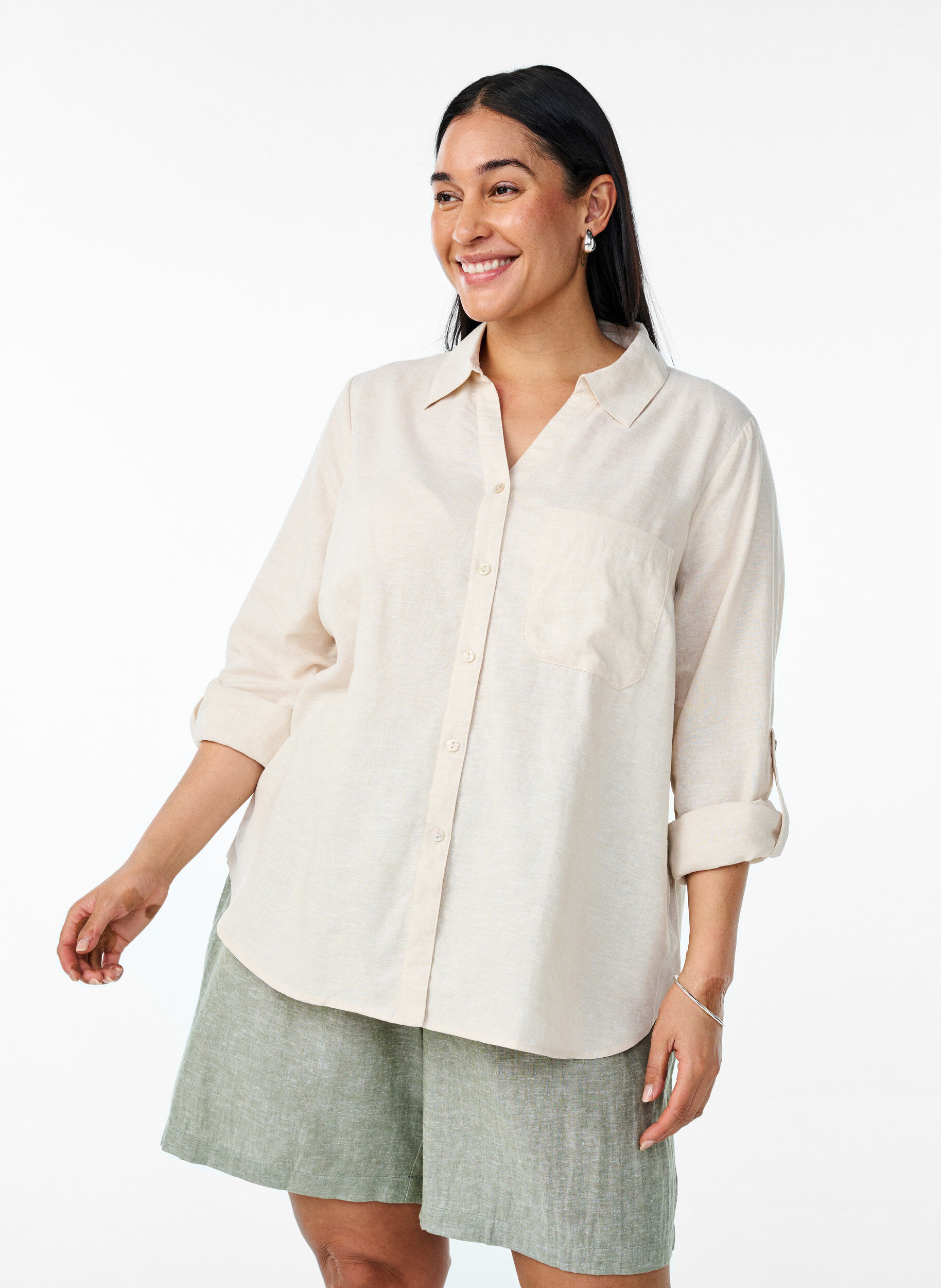 Zizzifashion Shirt in linen and viscose with 3/4 sleeves, Beige, Model image number 0