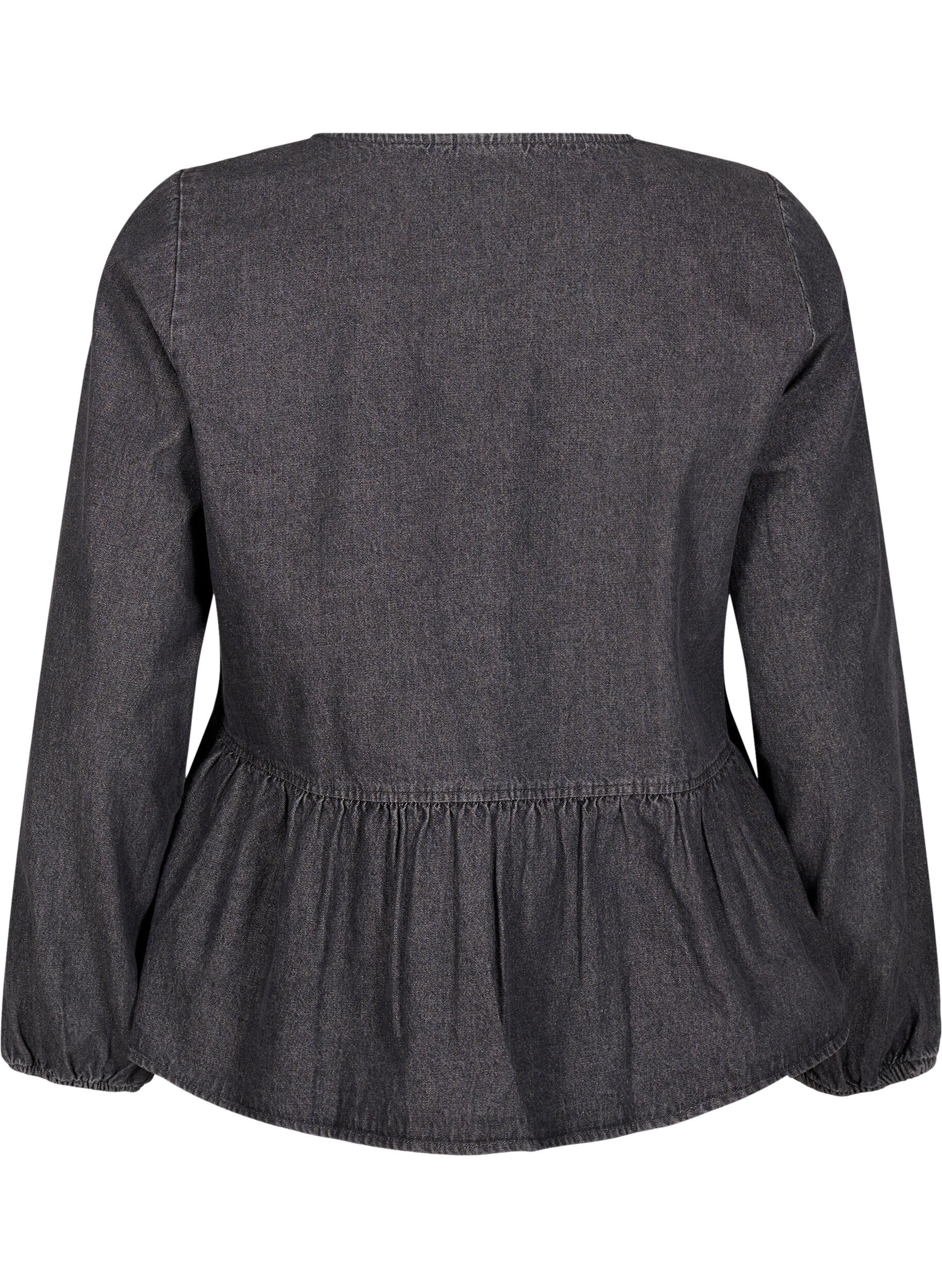 Zizzifashion Peplum blouse in denim with a tie fastening, Dark Grey, Packshot image number 1