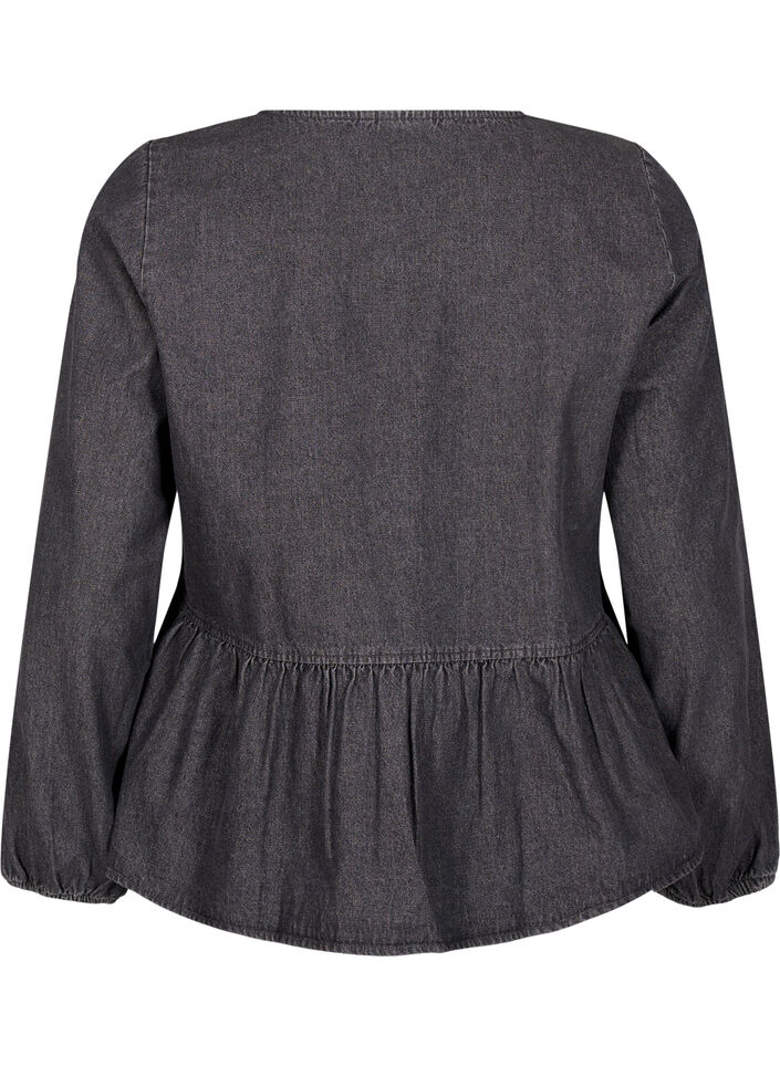 Peplum blouse in denim with a tie fastening, Dark Grey, Packshot image number 1