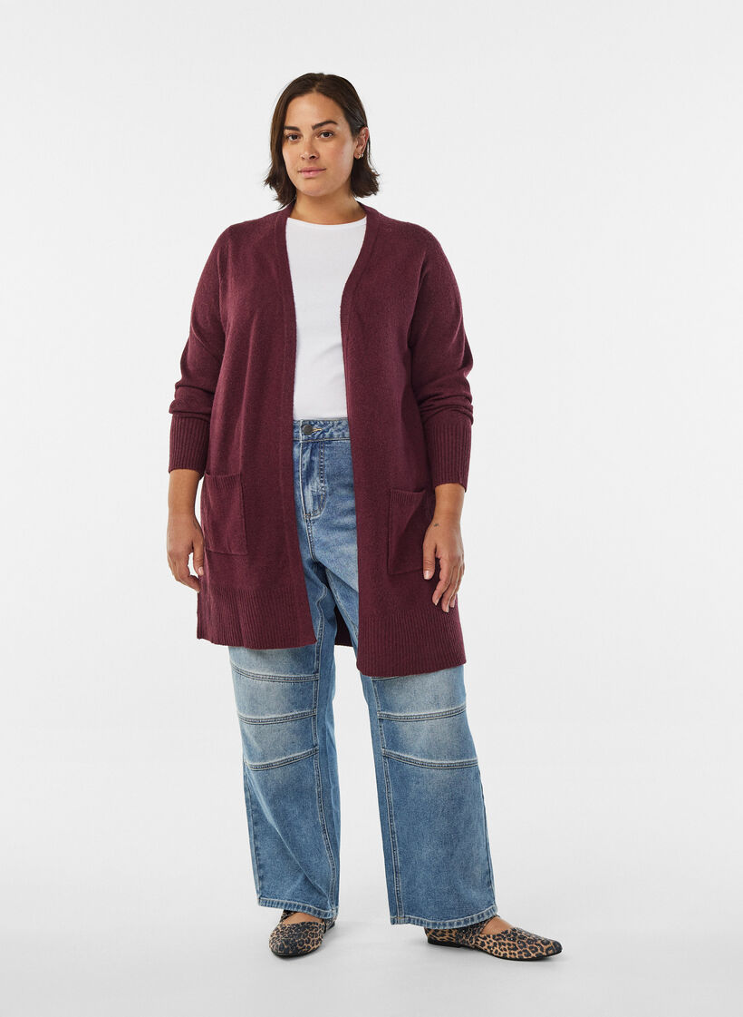 Ribbed Knit Cardigan with Pockets, Dark Bordeaux, Model image number 1