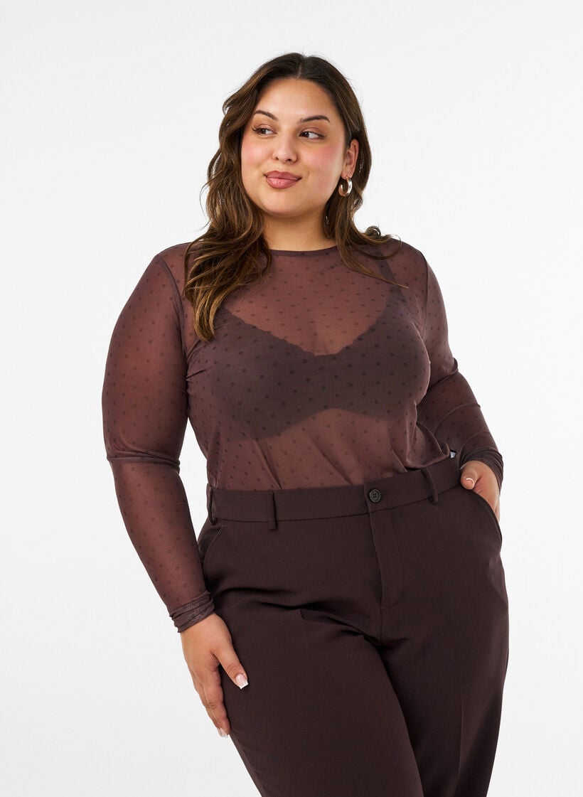 Mesh blouse with print, Brown, Model image number 0