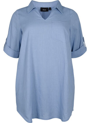 Short-sleeved cotton blend tunic with linen, Faded Denim, Packshot image number 0