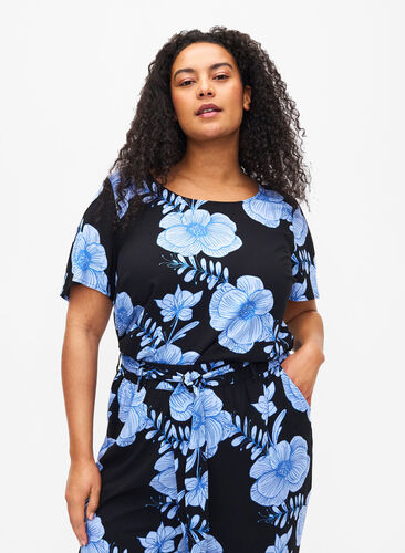 FLASH - Short sleeve viscose blouse with print, Black Big Bl.Flower, Model image number 0