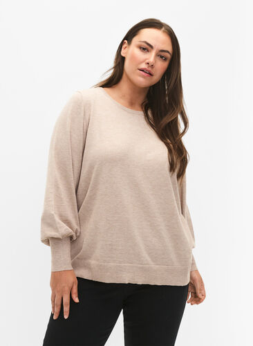 Knitted blouse with viscose and balloon sleeves, Simply Taupe Mel., Model image number 0