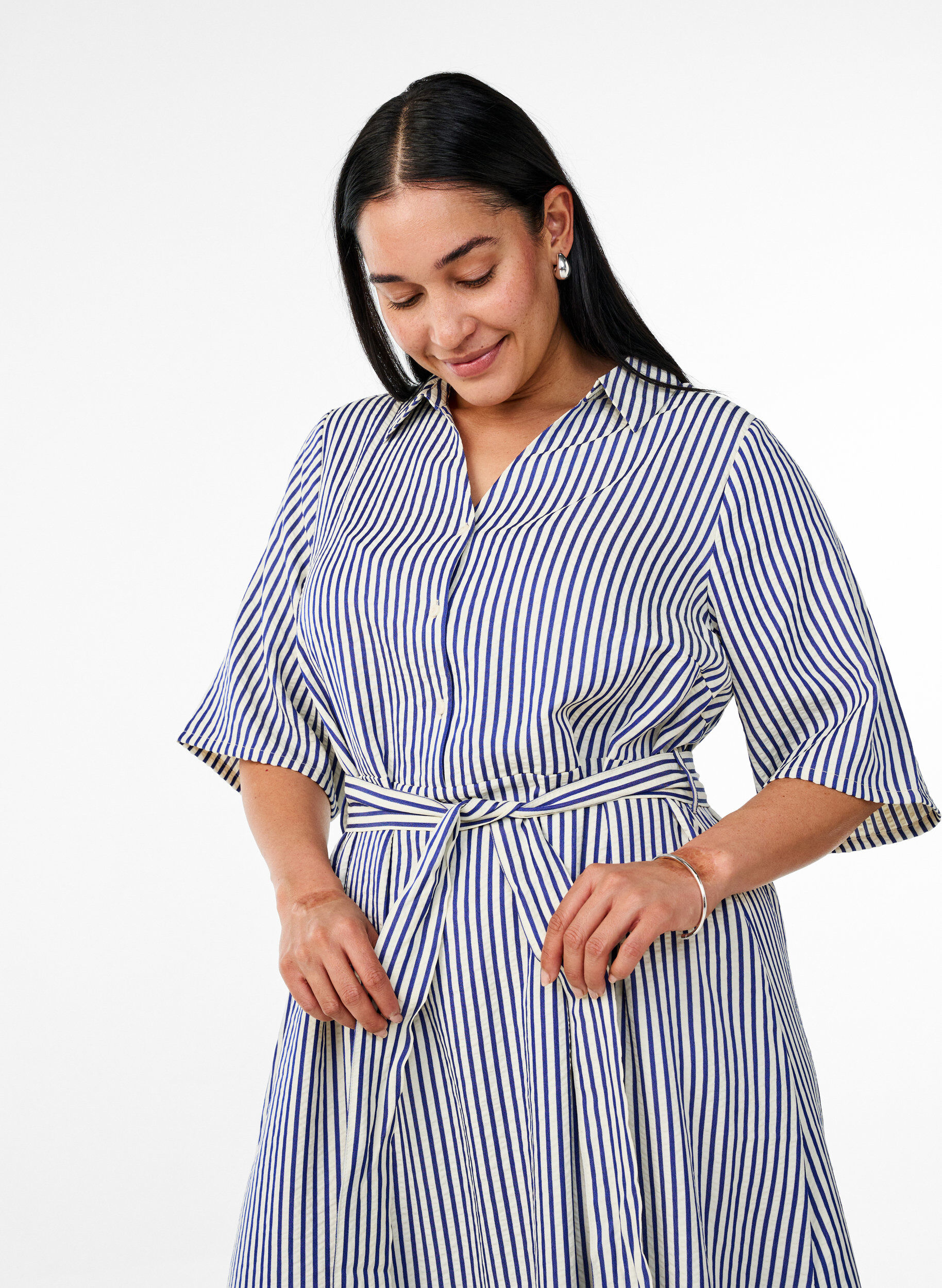 ZizzifashionAnkle-length shirt dress with tie belt and stripes, Blue, Model image number 2