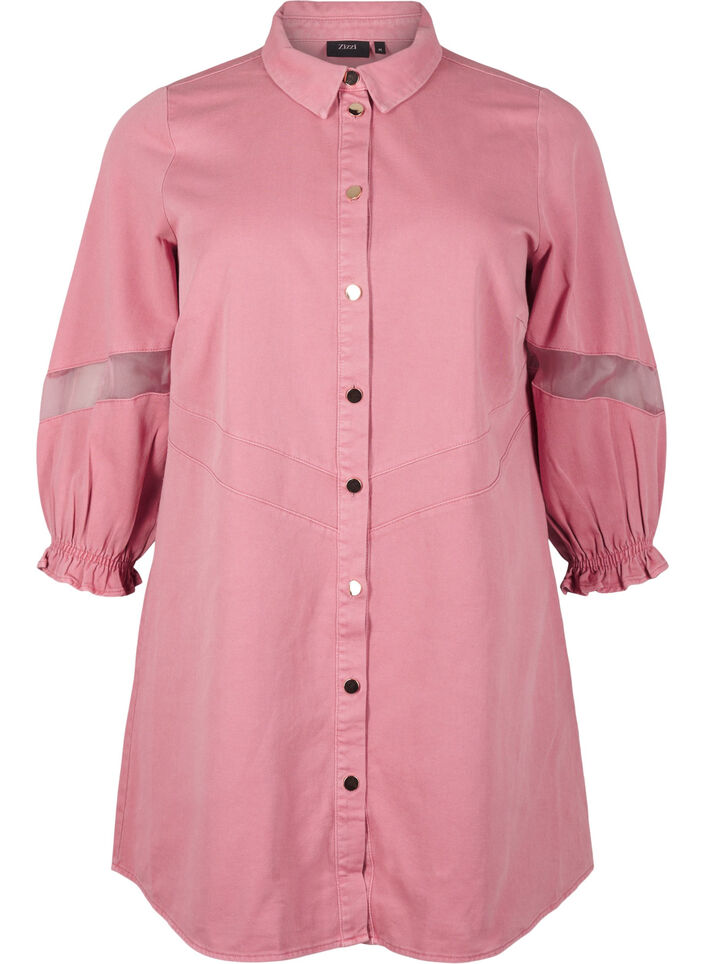 Coloured denim shirt dress with mesh details, Heather Rose, Packshot image number 0