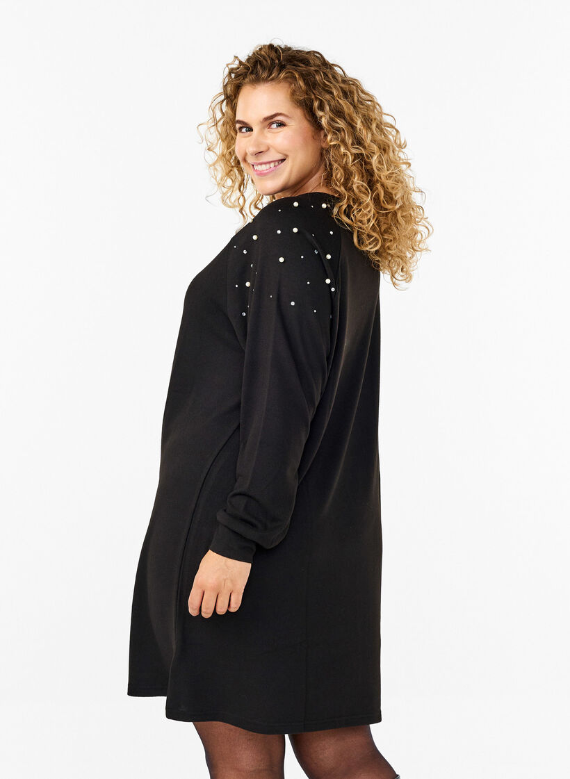 Long-sleeved dress with pearls, Black, Model image number 2