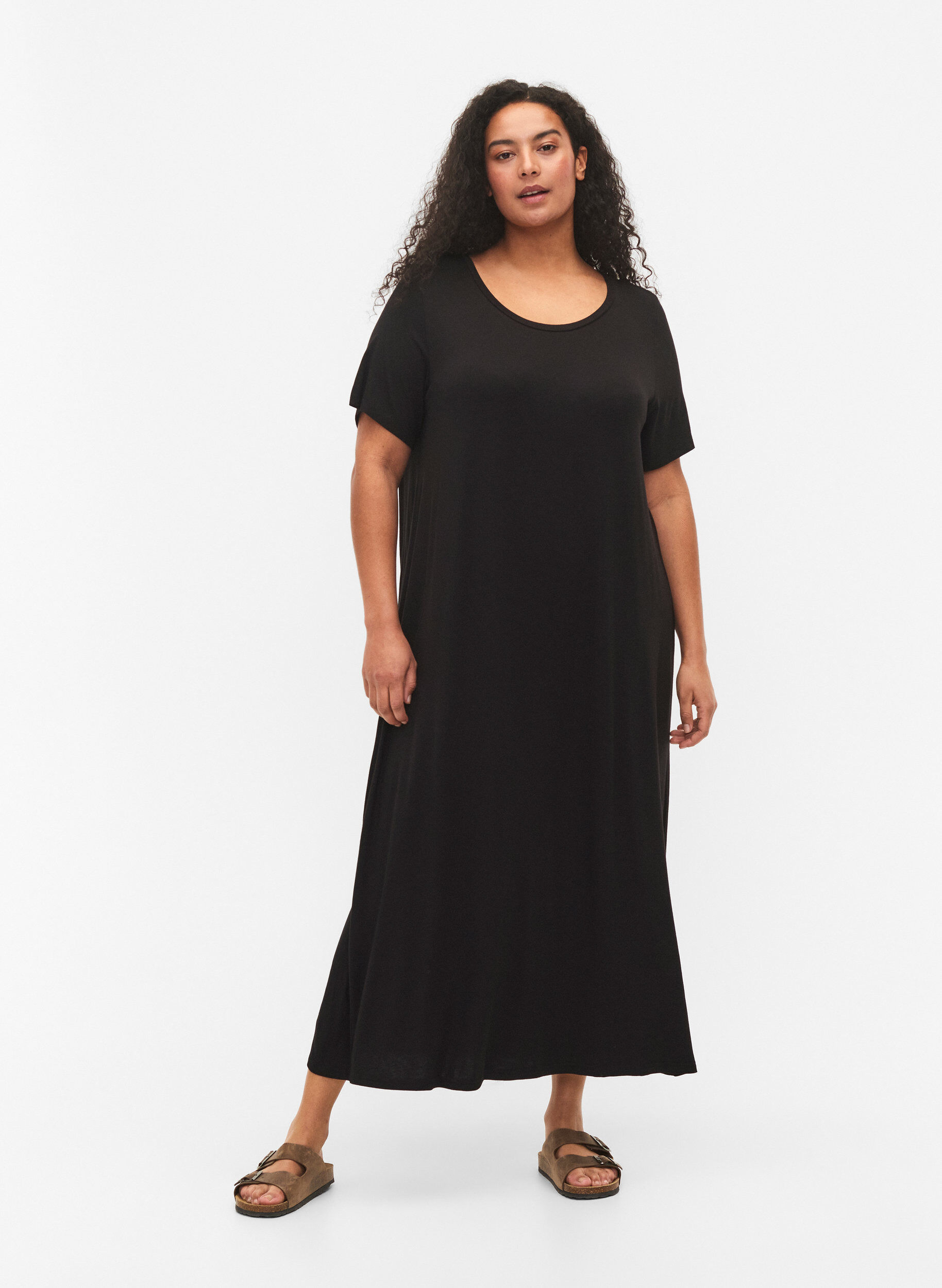 Zizzifashion Viscose midi dress with short sleeves, Black, Model image number 0