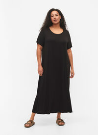 Viscose midi dress with short sleeves, Black, Model