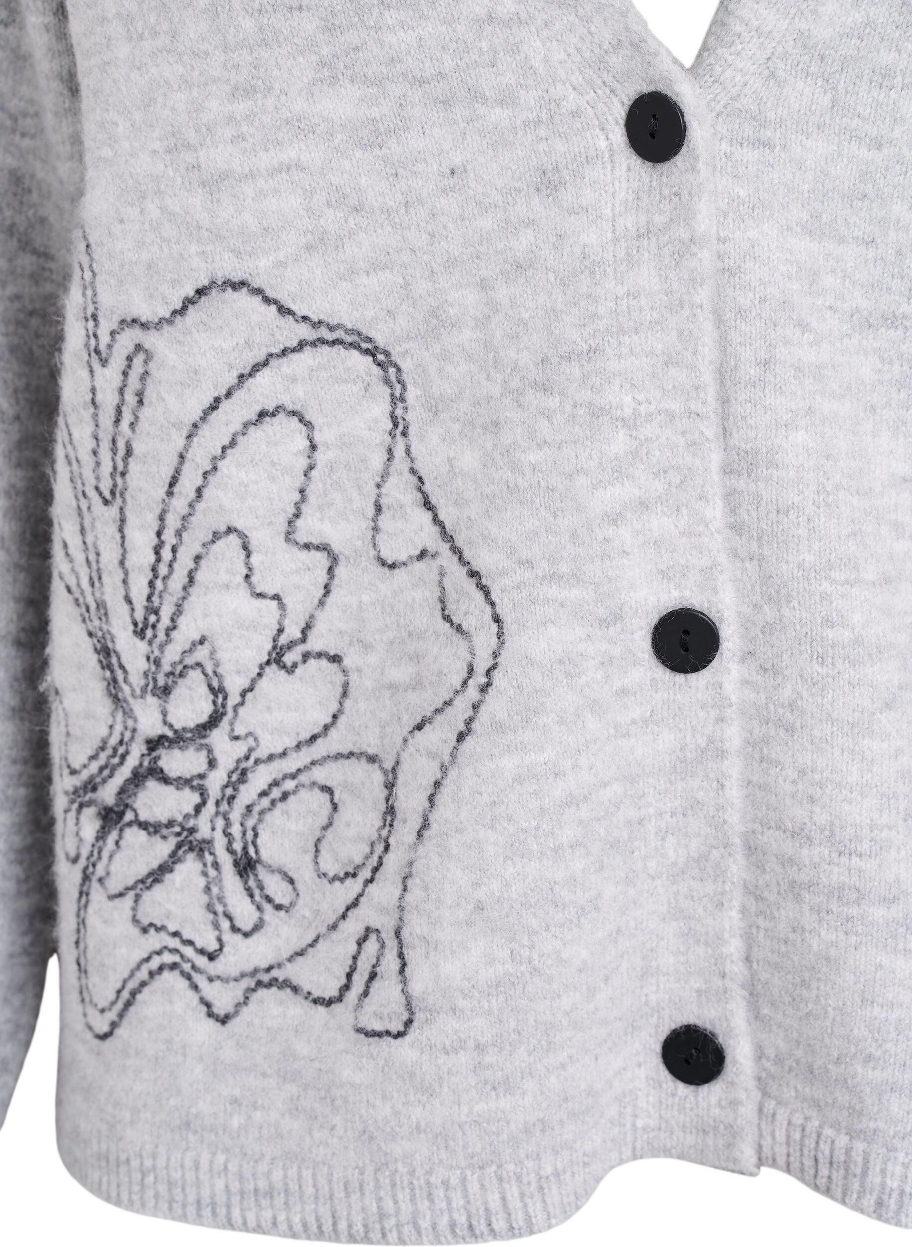 Zizzifashion Cardigan with V-neck and embroidered flowers, Grey, Packshot image number 2