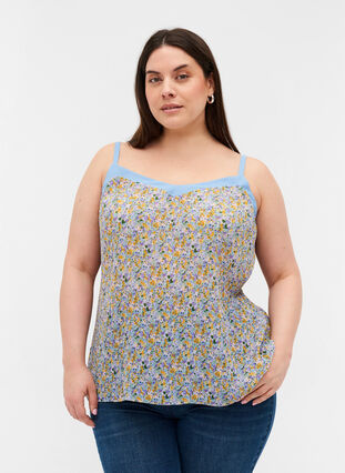 Pleated top with floral print, Purple Yellow AOP, Model image number 0