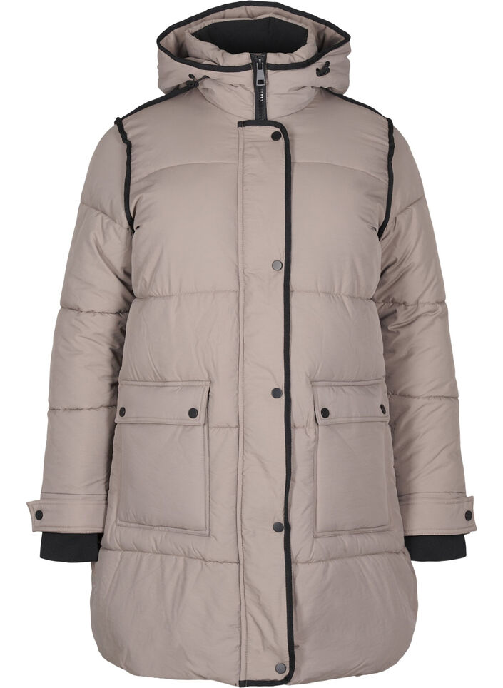 Puffer jacket with hood and contrast detailing, Beige, Packshot image number 0