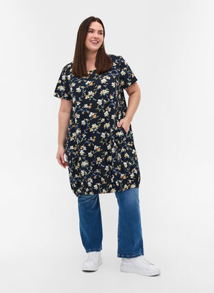 Short-sleeved, printed cotton dress, Vulcan Flower AOP, Model image number 2